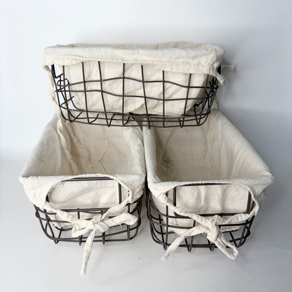 Decorative Baskets Set of 3 Rustic Fabric Lined Rectangle Metal Frame
